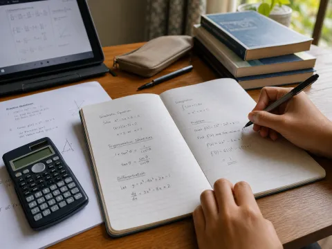 Add Maths lesson notes, calculator and study materials on a desk