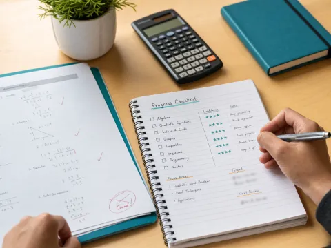 Maths tuition progress checklist and marked worksheet on a study desk